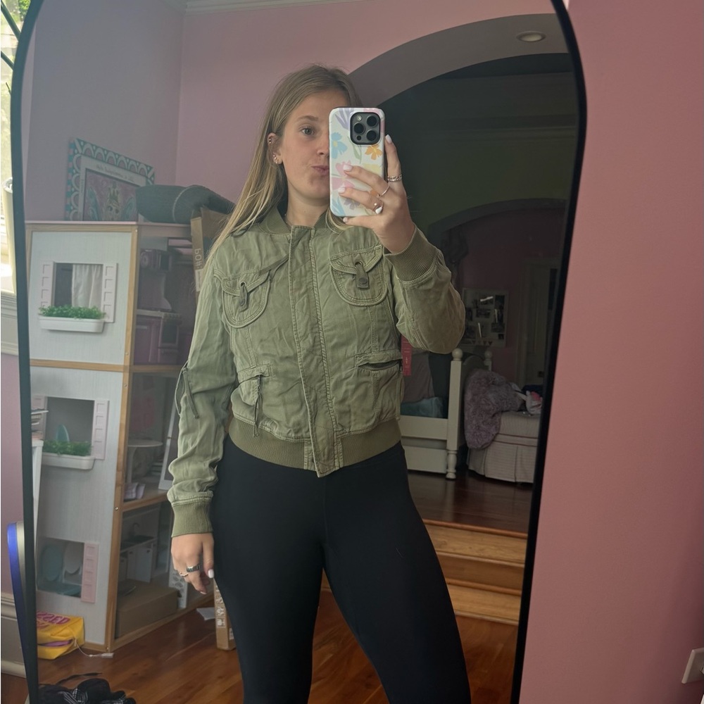 Womens Olive Utility Bomber Jacket with Pocket Details